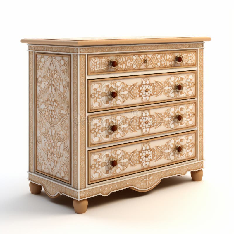 an ornate white chest of drawers, featuring a realistic and detailed rendering. the light amber and beige hues add a touch of elegance to the piece. the chest, inspired by the dau al set style, showcases engraved ornaments and intricate floral patterns. crafted by a skilled wood sculptor, it stands out against the white background. ai generated. an ornate white chest of drawers, featuring a realistic and detailed rendering. the light amber and beige hues add a touch of elegance to the piece. the chest, inspired by the dau al set style, showcases engraved ornaments and intricate floral patterns. crafted by a skilled wood sculptor, it stands out against the white background. ai generated