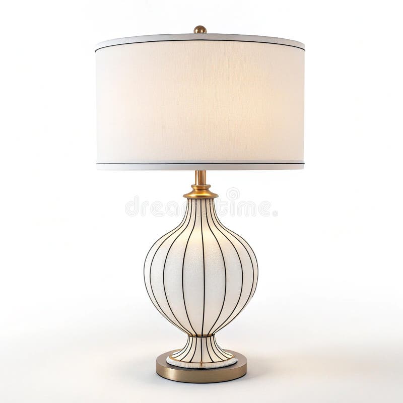 Elegante lámpara de mesa blanca y dorada con acentos de diseño lineal. Una elegante lámpara de mesa con una base de cerámica blanca con líneas negras verticales y una sombra de tela no blanca a juego. Los acentos dorados le dan un toque de lujo