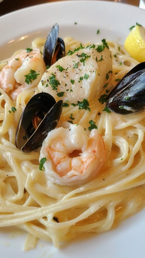 Elegante Meeresfrüchte-Linguine in cremiger Weißwein-Sauce mit Shrimpussel und Jakobsmuscheln für ein raffiniertes kulinarisches E lizenzfreie abbildung