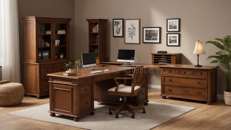 Elegante mobiliario de oficina en miniatura de madera con una gran mesa de escritorio y una biblioteca con iluminación cálida. Un elegante montaje en miniatura de oficina con una elegante mesa junto al escritorio de madera y una biblioteca bajo una cálida iluminación ambiental, ideal para crear un ambiente de trabajo sofisticado con un encanto clásico. imagen generada por ai