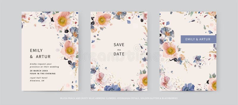 Elegante modello di scheda invito a presentare inviti per il matrimonio con acquerello a colori vettoriale. fiori di anemone rosa illustrazione vettoriale
