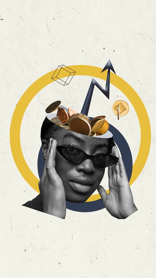 Elegante mujer africana con gafas de sol de moda con flecha financiera. análisis financiero de apuestas en mercados de comercio fotos de archivo