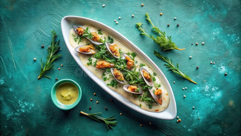 Elegante Muscheln in cremiger Sauce mit frischen Kräutern in einem weißen ovalen Gericht auf Teelichboden. Generative AI stock abbildung