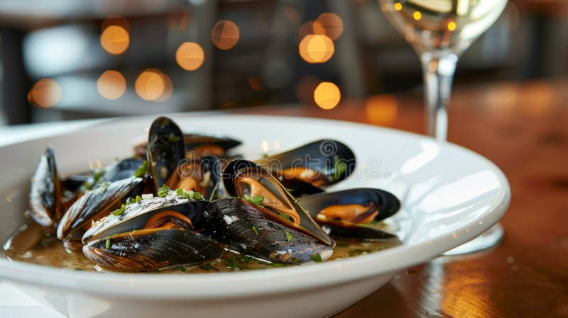 Elegante Muscheln in Knoblauchkräuterwein-Sauce, serviert mit gekühltem Weißwein in einem flachen Gericht stock abbildung