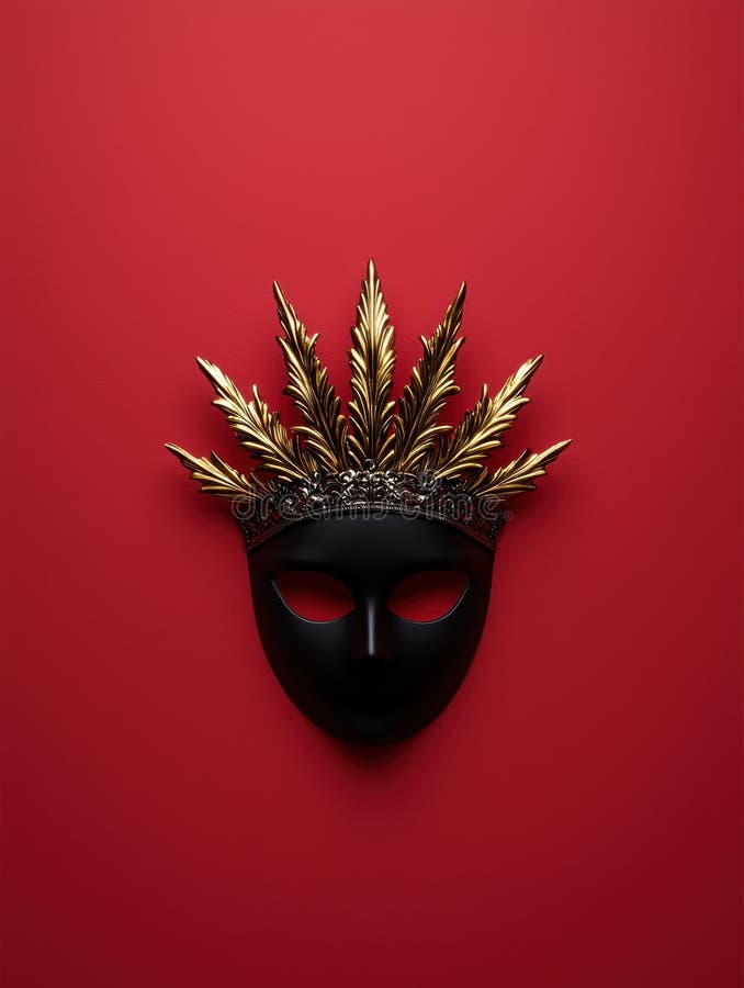 Elegante máscara negra de mascarada con acentos dorados sobre un fondo rojo. Creado con la ayuda de herramientas de IA generativas.