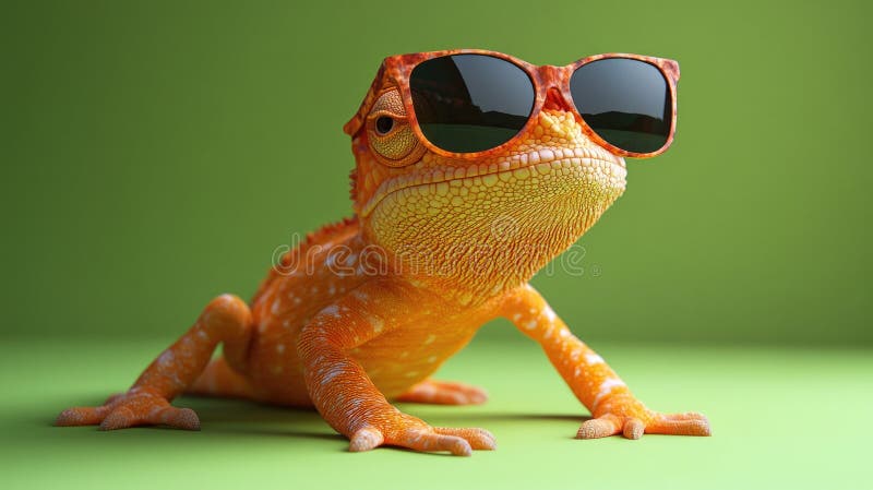 Elegante Orangeneidechse mit Sonnenbrille auf lebendigem grünem Hintergrund. ai generiert