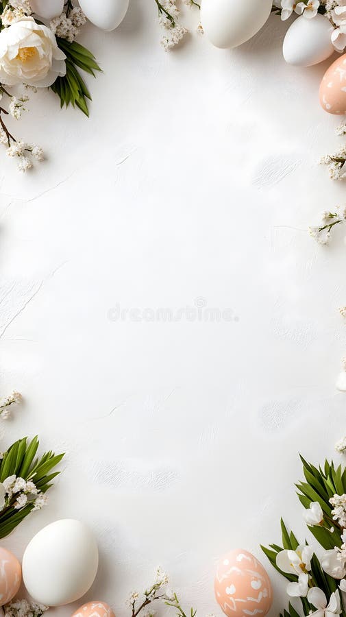 Elegante Osterwohnung mit dekorierten Eiern, weißen Blumen und natürlicher Vegetation. Perfekt für Grußkarten saisonale lizenzfreie stockfotos