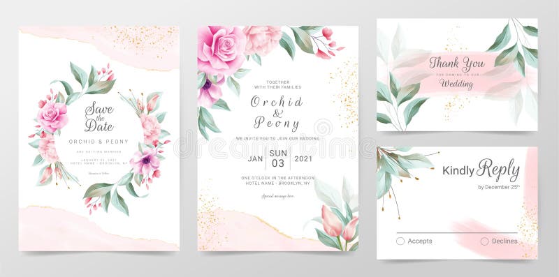 Elegante plantilla de tarjetas de invitaciÃ³n de boda con decoraciÃ³n floral acuarela. Marco floral y acuarela dorada texturado