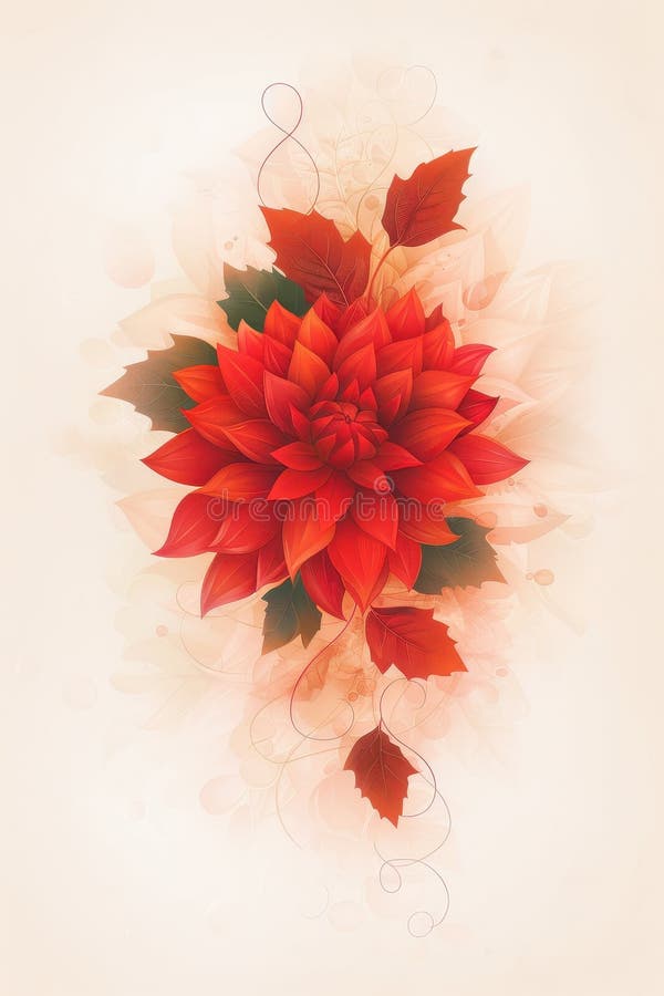 Elegante rote Blume mit zarten Herbstblättern auf weichem weißem Hintergrund vektor abbildung