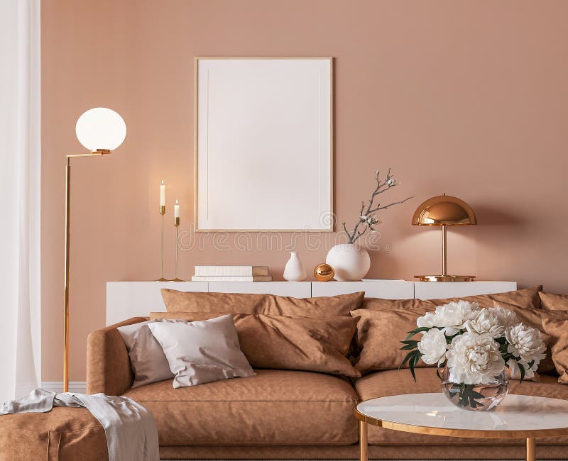 Elegant interior design, modern living room with frame mockup on orange color background, 3d render. Elegant interior design, modern living room with frame mockup on orange color background, 3d render