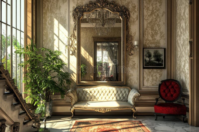 Elegante salotto con grandi specchi e tramonti un grande salotto con un lussuoso divano bianco un grande specchio ornato royalty illustrazione gratis