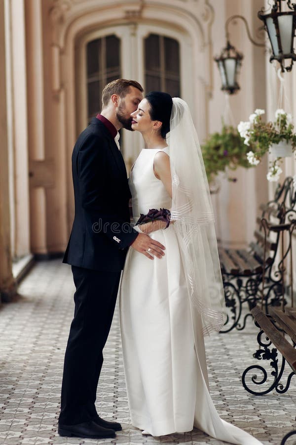 Elegante schitterende bruid en modieuze bruidegom die het kussen, sensua koesteren royalty-vrije stock foto's Elegante schitterende bruid en modieuze bruidegom die het kussen, sensua koesteren royalty-vrije stock foto's