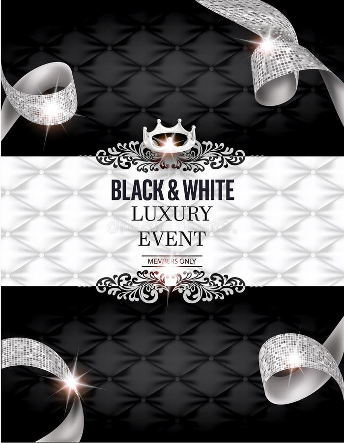 Elegante SCHWARZE u. WEISSE Luxusereigniseinladungskarte mit Seide maserte gekräuselte Bänder und ledernen Hintergrund lizenzfreie abbildung