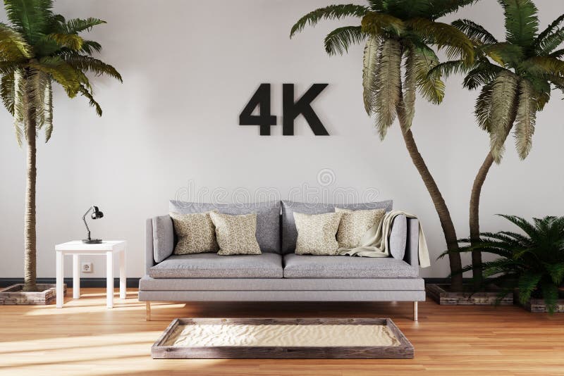 Elegante soggiorno interno con un unico divano vintage tra palme di grandi dimensioni 4k concetto immersivo 3d illustrazione vettoriale