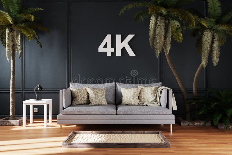 Elegante soggiorno interno con un unico divano vintage tra palme di grandi dimensioni 4k concetto immersivo 3d illustrazione vettoriale