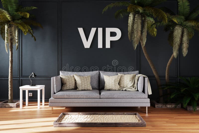 Elegante soggiorno interno con un unico divano vintage tra palme di grandi dimensioni vip concetto di intrattenimento immersivo 3d illustrazione vettoriale