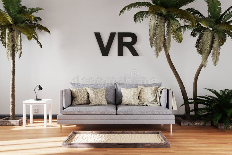 Elegante soggiorno interno con un unico divano vintage tra palme di grandi dimensioni vr concetto di intrattenimento immersivo 3d royalty illustrazione gratis