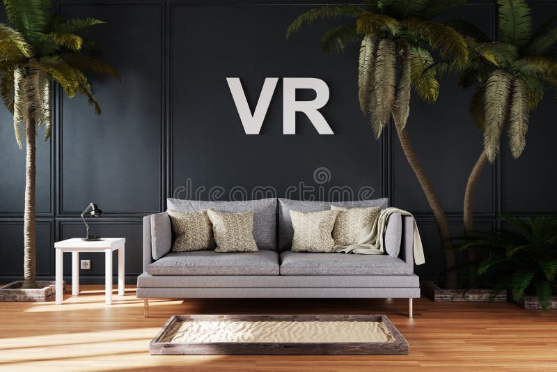 Elegante soggiorno interno con un unico divano vintage tra palme di grandi dimensioni vr concetto di intrattenimento immersivo 3d illustrazione vettoriale