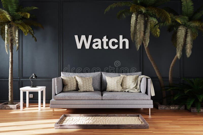 Elegante soggiorno interno con un unico divano vintage tra palme di grandi dimensioni vr concetto di intrattenimento immersivo 3d royalty illustrazione gratis