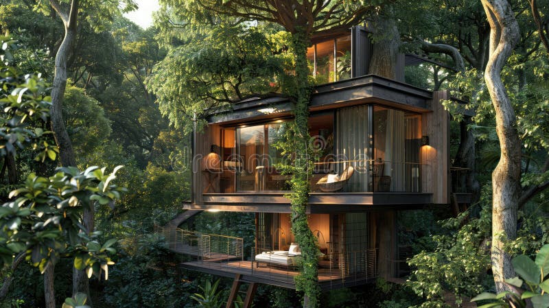 Elegant treehouse in a verdant forest with modern comforts, a unique private retreat. Private retreats. AI generated. Elegant treehouse in a verdant forest with modern comforts, a unique private retreat. Private retreats. AI generated