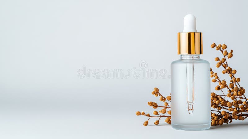 Elegante Tropferflasche mit Goldkappe und getrockneten Botanikalen auf minimalistischem Hintergrund stock abbildung