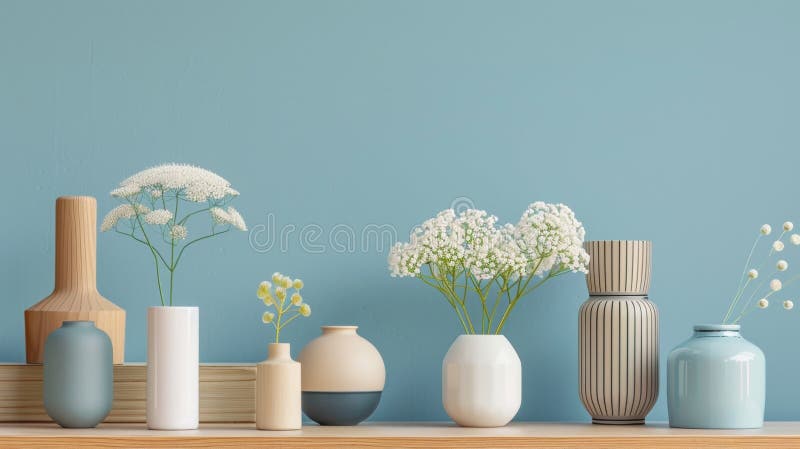 Elegante Vasen mit Blumen auf einem Holzschelf. Eine Sammlung eleganter Vasen mit Blumen auf einem Holzregal, die eine ruhige und stilvolle Komposition schaffen, perfekt für die Innendekoration und Innenarchitektur.. AI generiert
