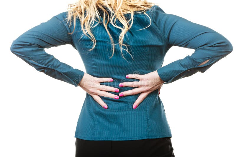 Rear view of verworked business woman having strong back pain. Blonde elegant woman suffer on backache. Isolated on white. Rear view of verworked business woman having strong back pain. Blonde elegant woman suffer on backache. Isolated on white.