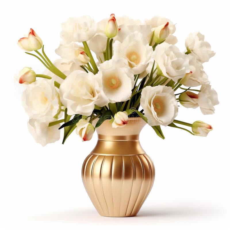 Elegante weiße Eustomblumen in luxuriöser Gold Vase Einstellung stock abbildung