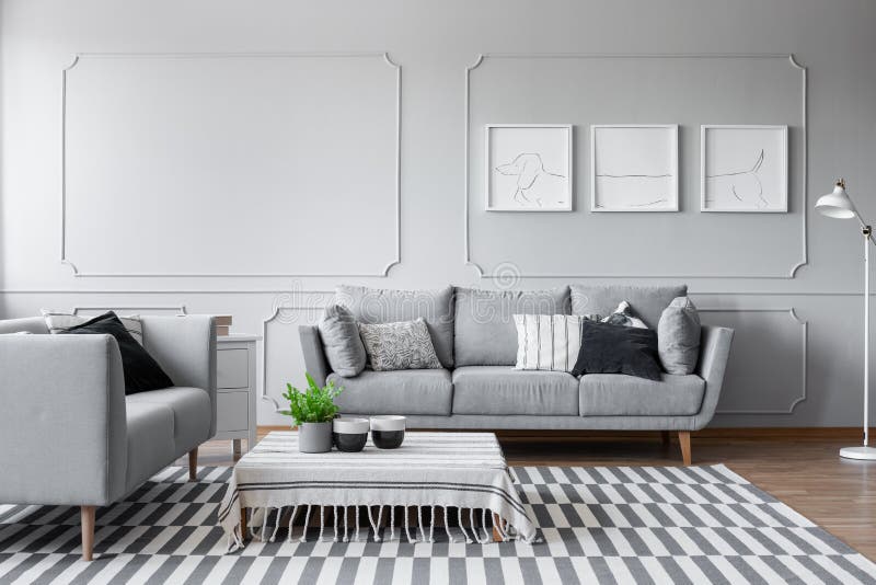 Elegante woonkamer met twee comfortabele grijze banken met hoofdkussens en grafisch op de muur stock foto Elegante woonkamer met twee comfortabele grijze banken met hoofdkussens en grafisch op de muur stock foto