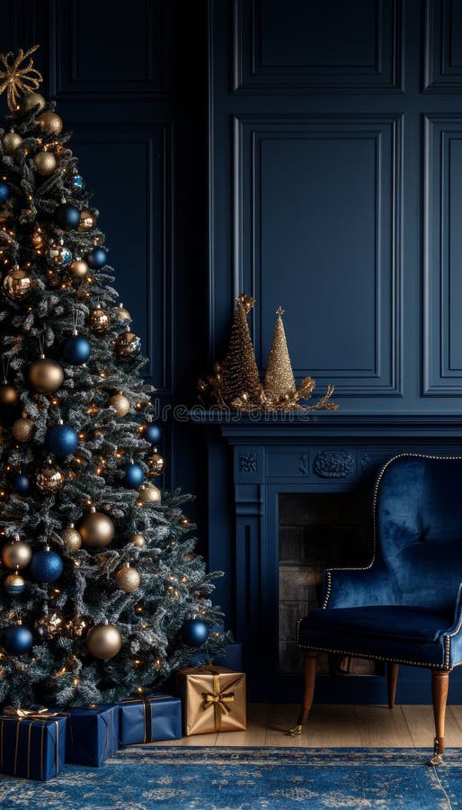 Elegante árbol de navidad con decoración dorada y azul en un lujoso interior azul con chimenea generada por ai
