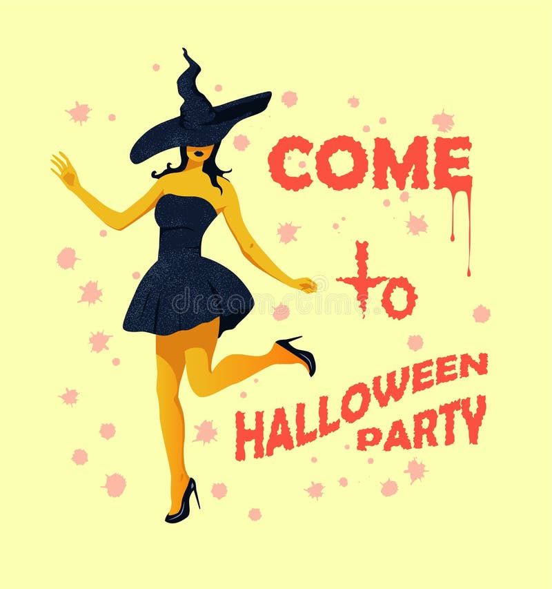 Elegantemente vestido con vestido de noche adorables bailes de bruja y te invita a una fiesta de halloween. tarjeta de concepto de todos los santos. ilustración de diseño plano vectorial