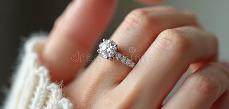 Eleganter Diamantenring am Finger. Schillernde Hochzeit für Edelsteine. Konzept der Juwelenheirat. Abschluss stock abbildung