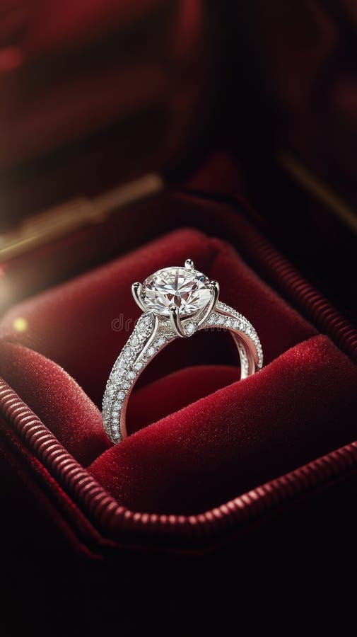 Eleganter Diamantring auf weißem Samt. Ein wunderschön gefertigter Diamantenring steht auf einem weichen roten Samtkissen, das sein aufwändiges Design und Brillanz zeigt. die Beleuchtung die Ringe glänzt und die Luft erzeugt