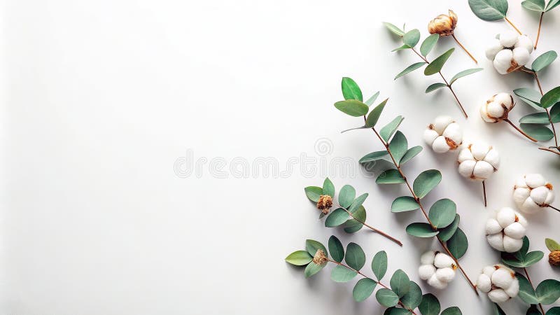 Eleganter floraler Border Mockup Eukalyptus Baumwolle und weißer Hintergrund für Modedesign und Blog-Header. Dieses atemberaubende Blumenmockup mit einer delikaten Anordnung von Eukalyptus und getrockneten Baumwollblüten ist perfekt für verschiedene Designprojekte geeignet. Der unberührte, weiße Hintergrund verleiht Ihrem gewählten Design ein wahrhaft minimalistisches und elegantes ästhetisches Ambiente. Ideal für Blog-Header Modefotografie-Plakate Banner oder jedes Design Element, das eine ausgeklügelte Blumengrenze benötigt. Oben