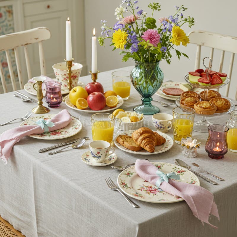 Eleganter Frühstückstisch mit Blumendekor stock abbildung