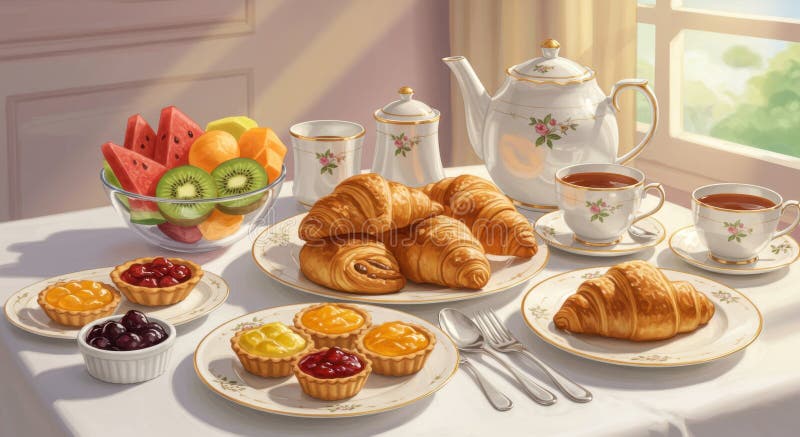 Eleganter Frühstückstisch mit Croissants und Obst. Generative AI