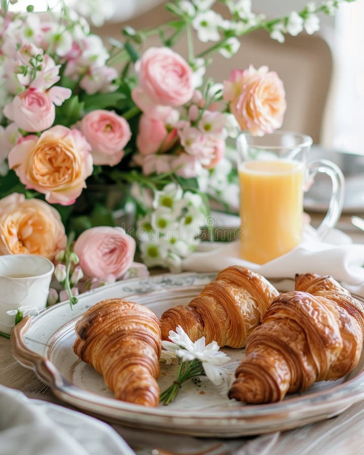 Eleganter Frühstückstisch mit frischen Croissants und Blumen vektor abbildung