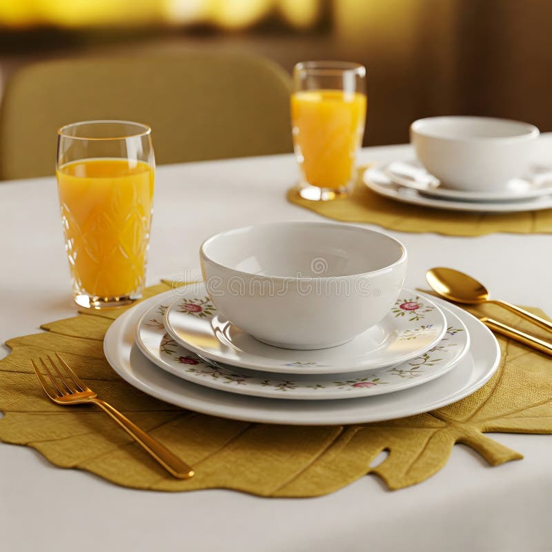 Eleganter Frühstückstisch mit geblümten, gemusterten Tellern, weißem, goldgelbem Kuchen und Orangensaftbrille lizenzfreie abbildung