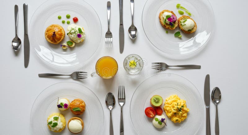 Eleganter Frühstückstisch mit Gebäck und Obst stock abbildung