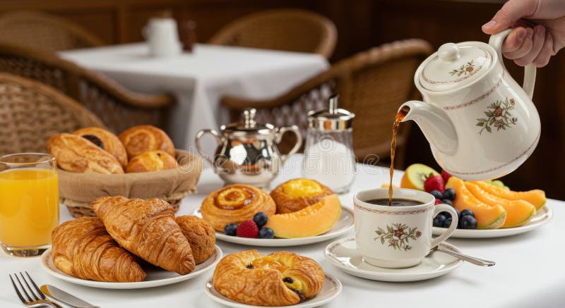 Eleganter Frühstückstisch mit Kaffee und Obst stock abbildung