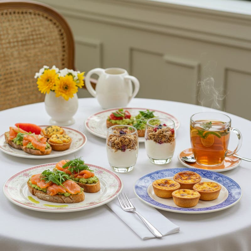 Eleganter Frühstückstisch mit Kuchen und Tee stock abbildung