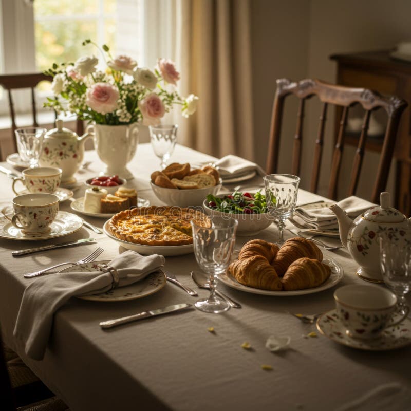 Eleganter Frühstückstisch mit Kuchen und Tee vektor abbildung