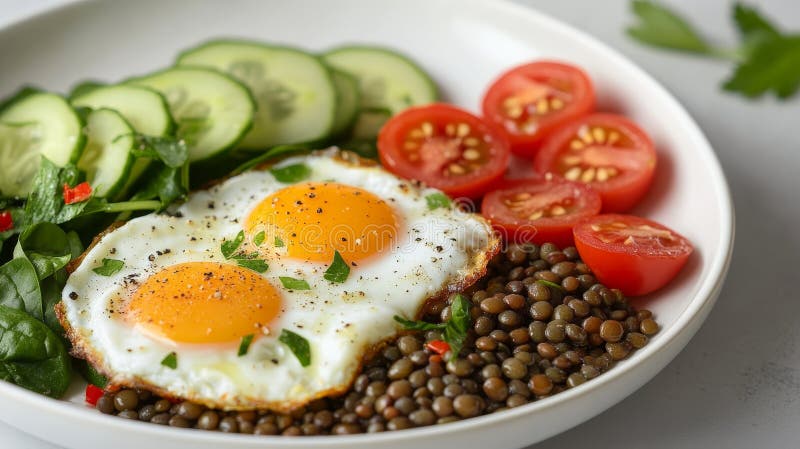 Eleganter Frühstückstisch mit sonniger Beilage und frischem Gemüse in sanftem Licht stock abbildung