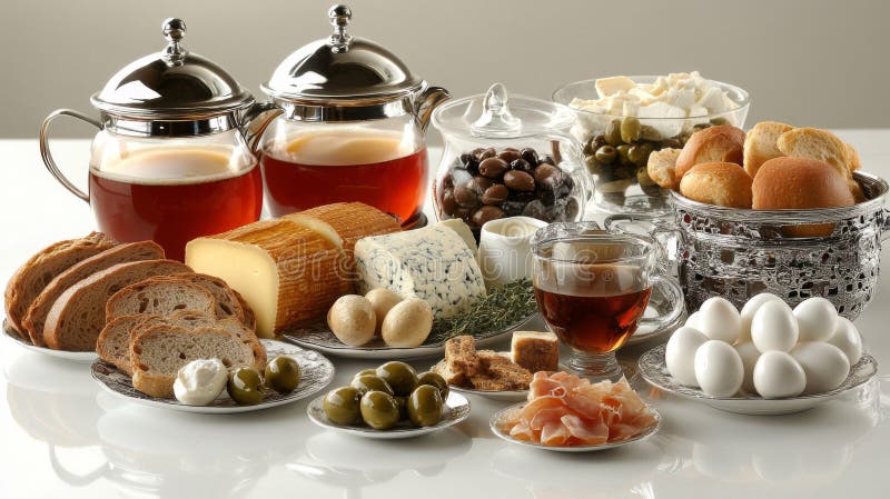 Eleganter Frühstückstisch mit Teekäse und Eiern lizenzfreie abbildung