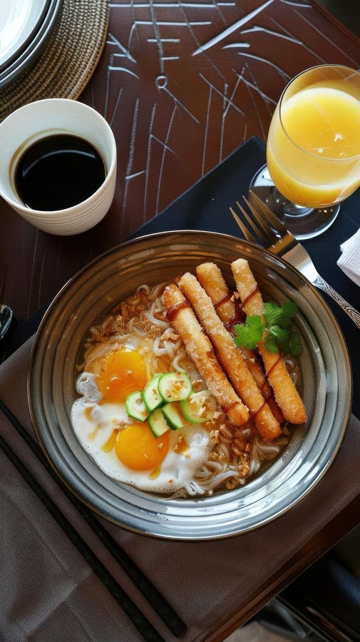 Eleganter Frühstückstisch mit vietnamesischem Pho und spanischen Churros lizenzfreie abbildung