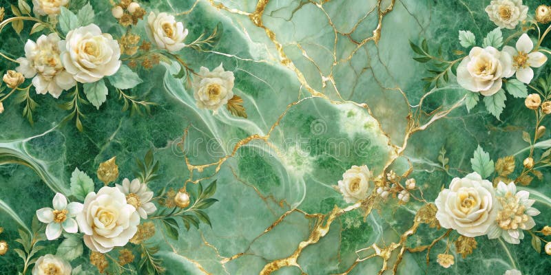 Eleganter grüner Marmor mit goldenen Adern und cremig weißen Rosen nahtlos Muster. Generative AI stock abbildung