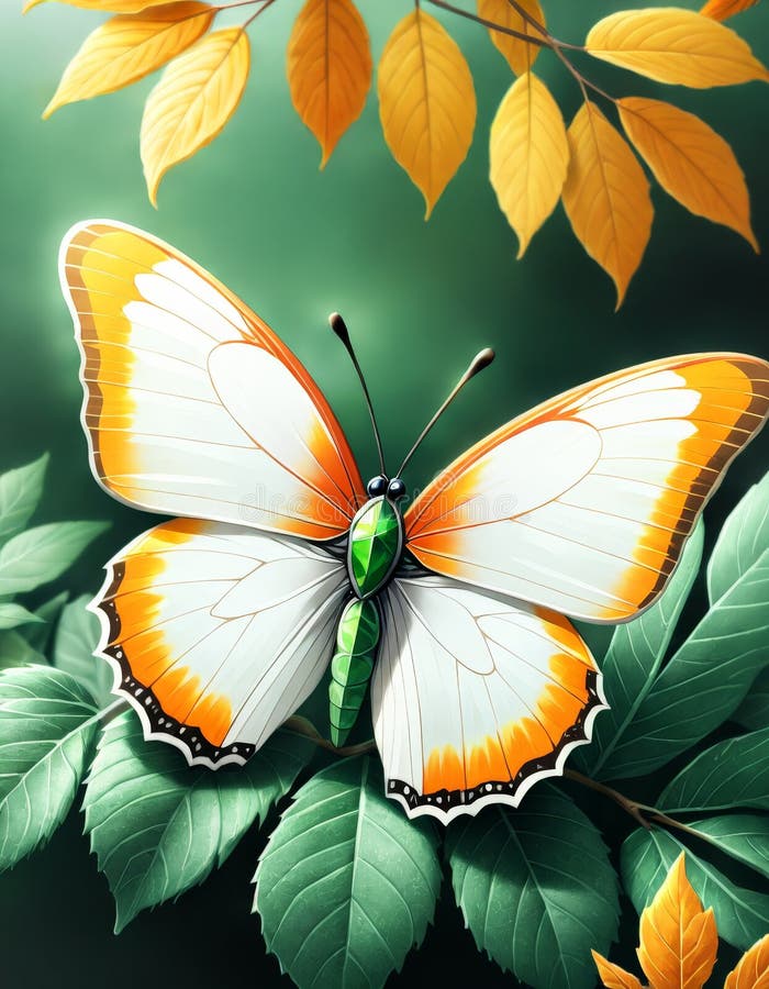 Eleganter orangefarbener weißer Schmetterling auf grünen Blättern. Ein atemberaubender Orangen-Weiß Schmetterling liegt anmutig auf lebendigen grünen Blättern. Der Hintergrund ist ein sanftes, traumhaftes Grün mit goldenen Blättern, das die Schmetterlinge elegant und schön macht. ai generiert