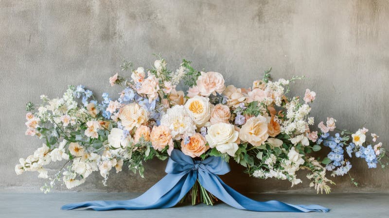Eleganter Pfirsich und Blue Bridal Bouquet mit Band stock abbildung
