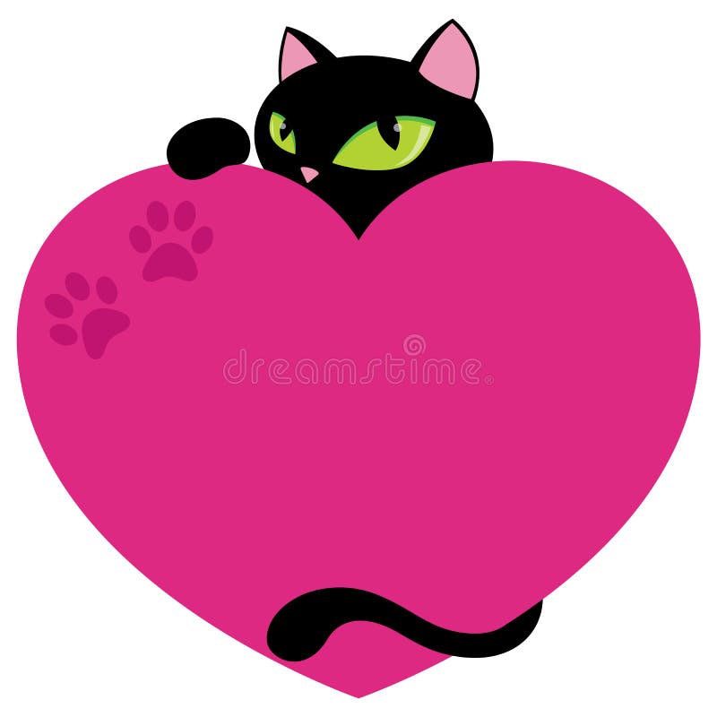 Eleganter schwarzer Cat With Pink Heart Copy-Raum-flache Vektor-Illustration lokalisiert auf Weiß stock abbildung
