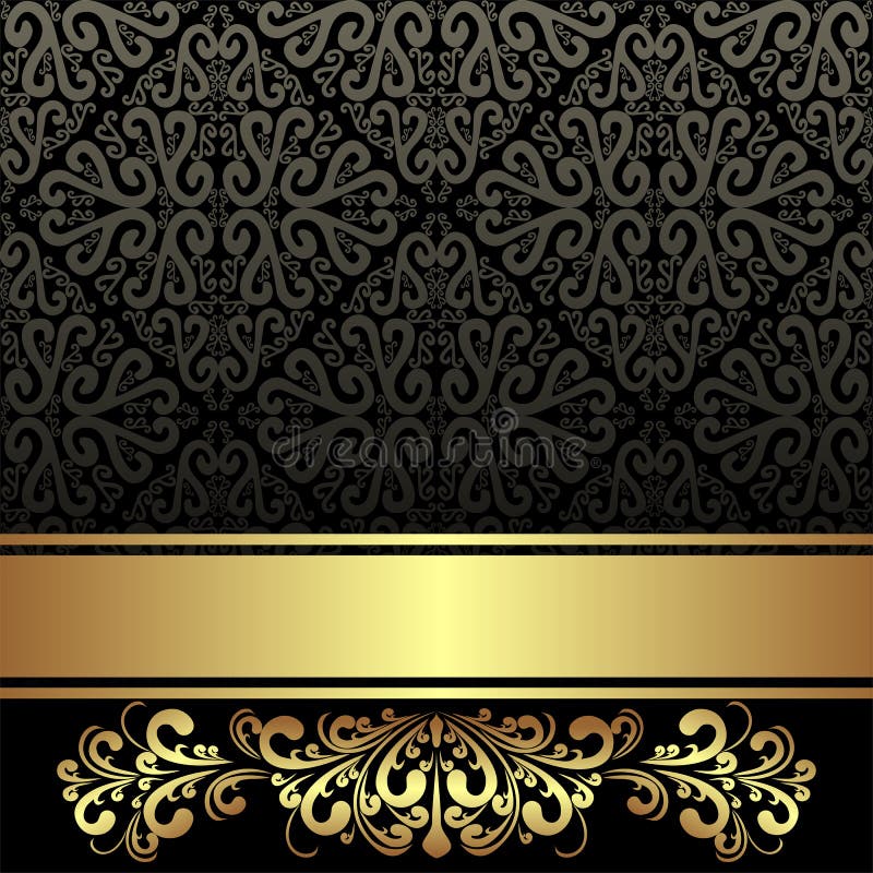 Eleganter schwarzer dekorativer Hintergrund mit goldenem Band und Blumengrenze vektor abbildung